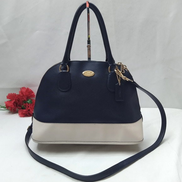 Coach Blue White Leather Domed Double Handles Zipper Crossbody Bag - Picture 1 of 16
